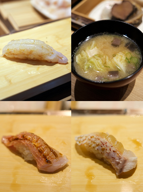 Sushi scimpi nigiri sống, súp miso, aburi imperador và aburi cá hồng Kumamoto