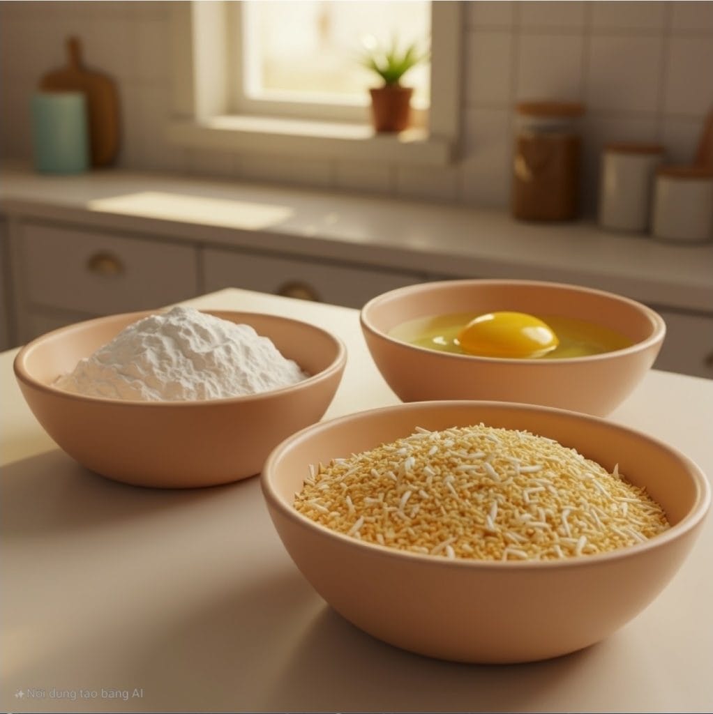 Cho bột mì, trứng và vụn bánh mì panko vào hai bát nông riêng biệt. Thêm dừa vào vụn bánh mì panko và trộn đều.