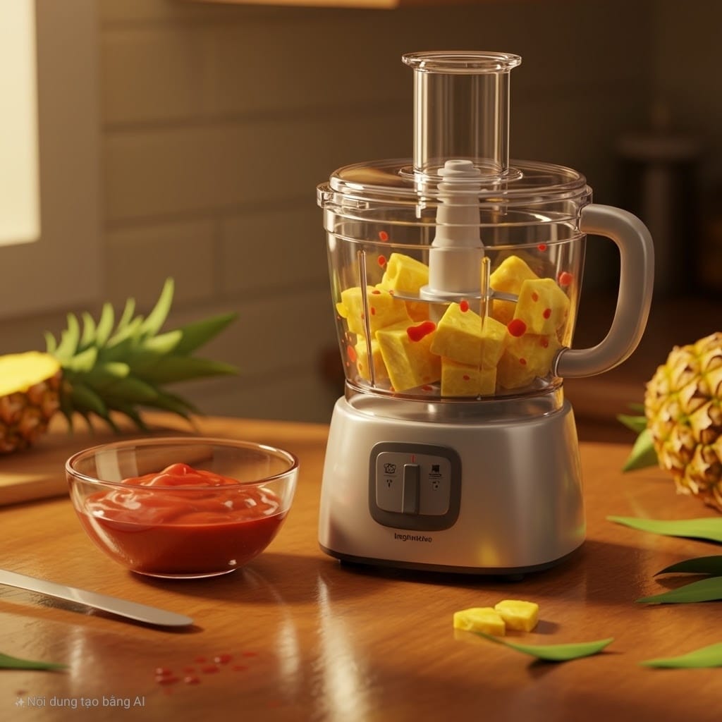 Trong khi đó, để làm nước chấm, cho dứa và sốt cà chua vào máy xay thực phẩm nhỏ, xay nhuyễn gần như hoàn toàn. Cho hỗn hợp vào một cái nồi nhỏ. Thêm giấm cho vừa ăn. Đun trên lửa vừa, khuấy đều trong 2 phút hoặc cho đến khi ấm.