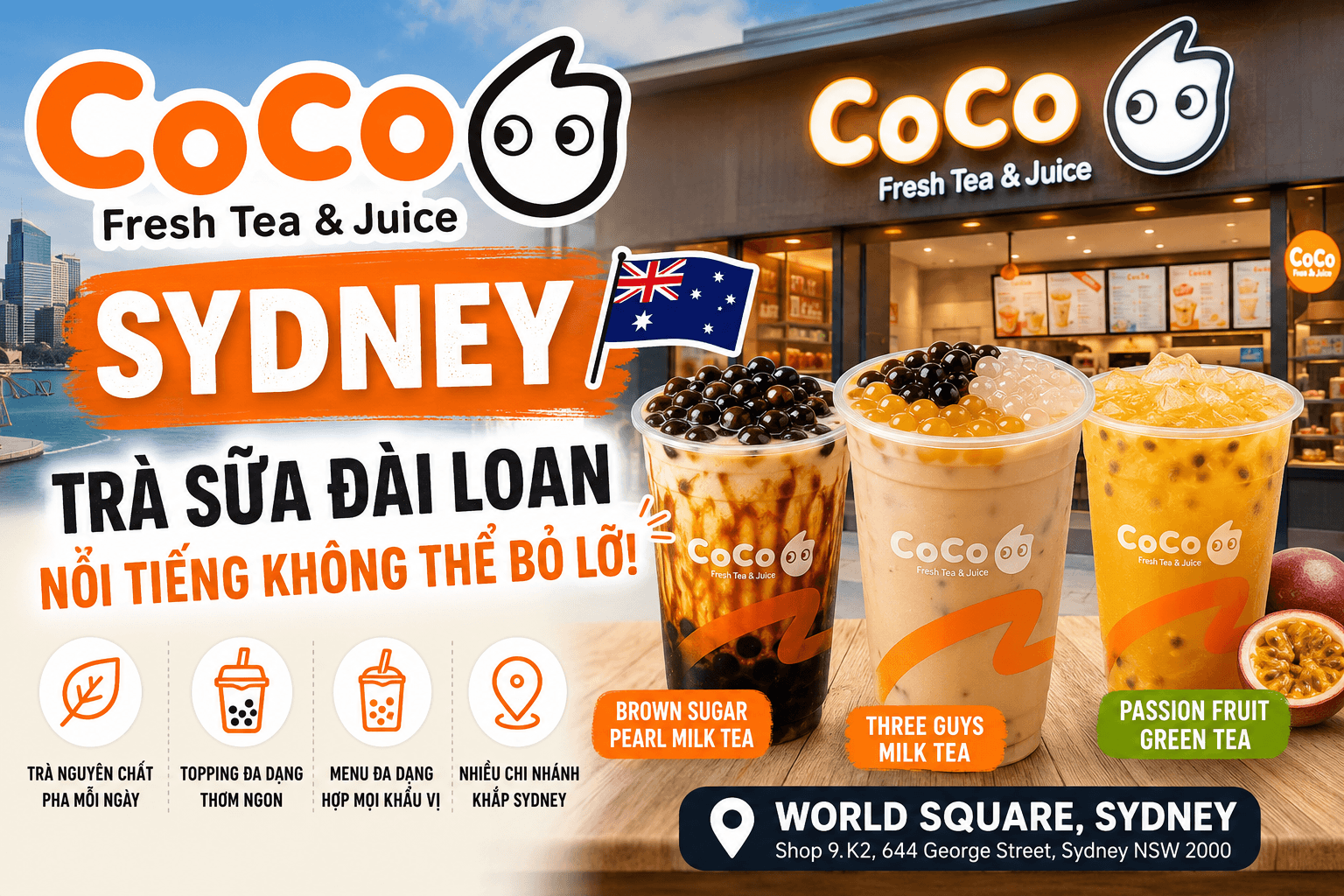 CoCo Fresh Tea & Juice Sydney – Thương hiệu trà sữa Đài Loan nổi tiếng không thể bỏ lỡ